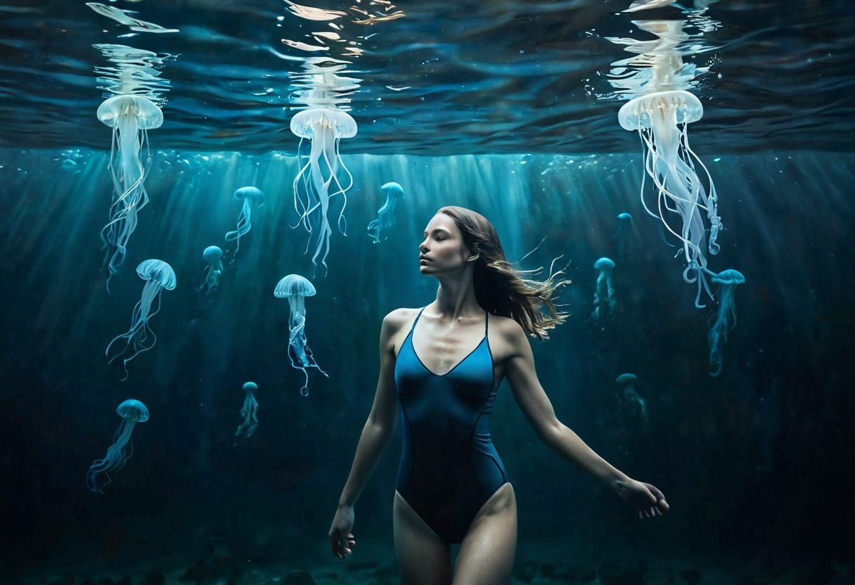 A serene underwater scene showcasing a lone swimmer in a vibrant yet melancholic swimsuit, surrounded by soft, drifting currents and floating jellyfish symbolizing emotions. Light filters gently from the surface above, casting an ethereal glow that highlights the swimmer's reflective expression, mirroring sadness. Shades of blue and gray dominate the color palette, creating a calm yet somber atmosphere. The overall composition invites introspection and emotional depth. super-realistic. muted colors. underwater.
