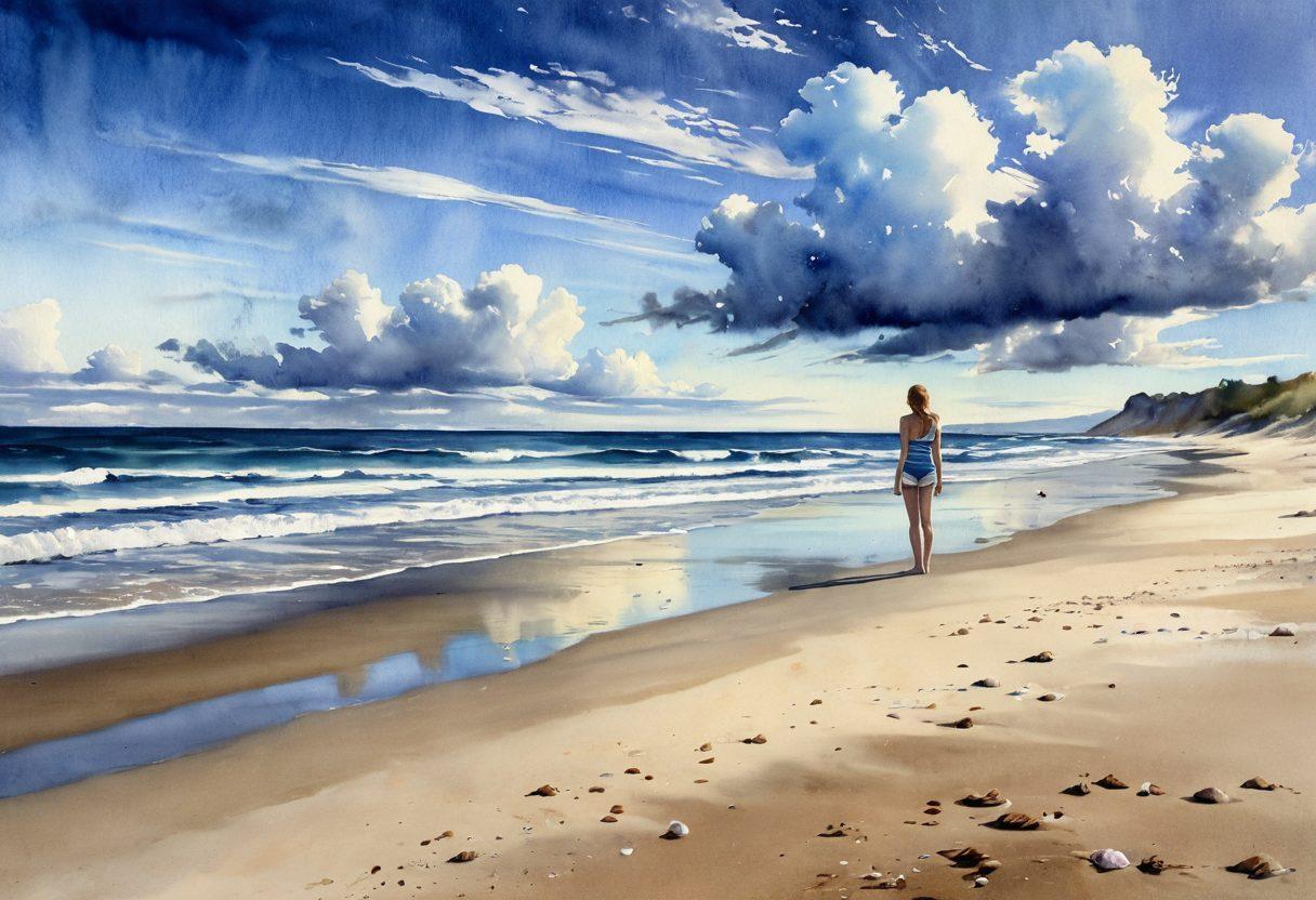 A solitary figure standing on a deserted beach, their silhouette accentuated by the late afternoon sun casting long shadows. The figure wears a muted, somber bathing suit, contrasting with the vibrant waves crashing on the shore. The sky is overcast, hinting at a reflective mood, with wispy clouds adding to the melancholy atmosphere. Seashells scattered on the sand symbolize unexpressed emotions. watercolor painting. soft pastel colors. moody ambiance.